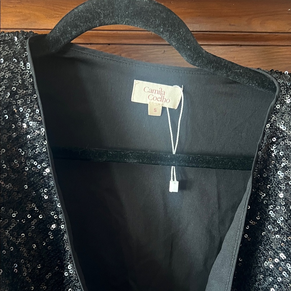 Camila Coelho Black Sequin Long Sleeve Cowl Neck Bodysuit - Picture 2 of 4